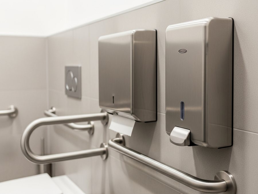 Baño institucional con dispensadores de acero inoxidable